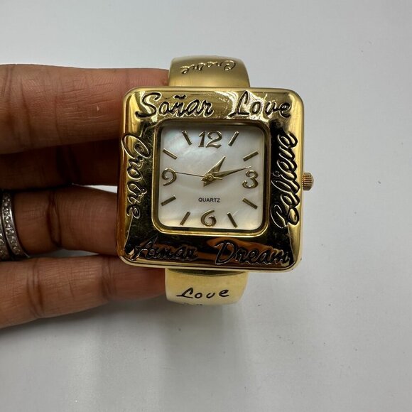 3/$30 Cuff Band Watch Gold Tone Square Case Inspirational Words Quartz - Picture 2 of 10